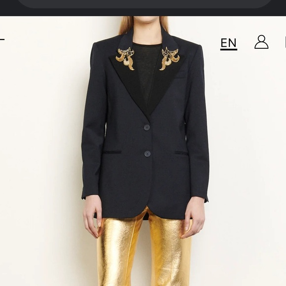Sandro Paris Navy Blue Tailored Jacket With Jeweled Patches - Picture 1 of 6